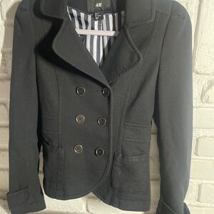 H&M Black Pea Coat with Notched Lapels and Wool Blend